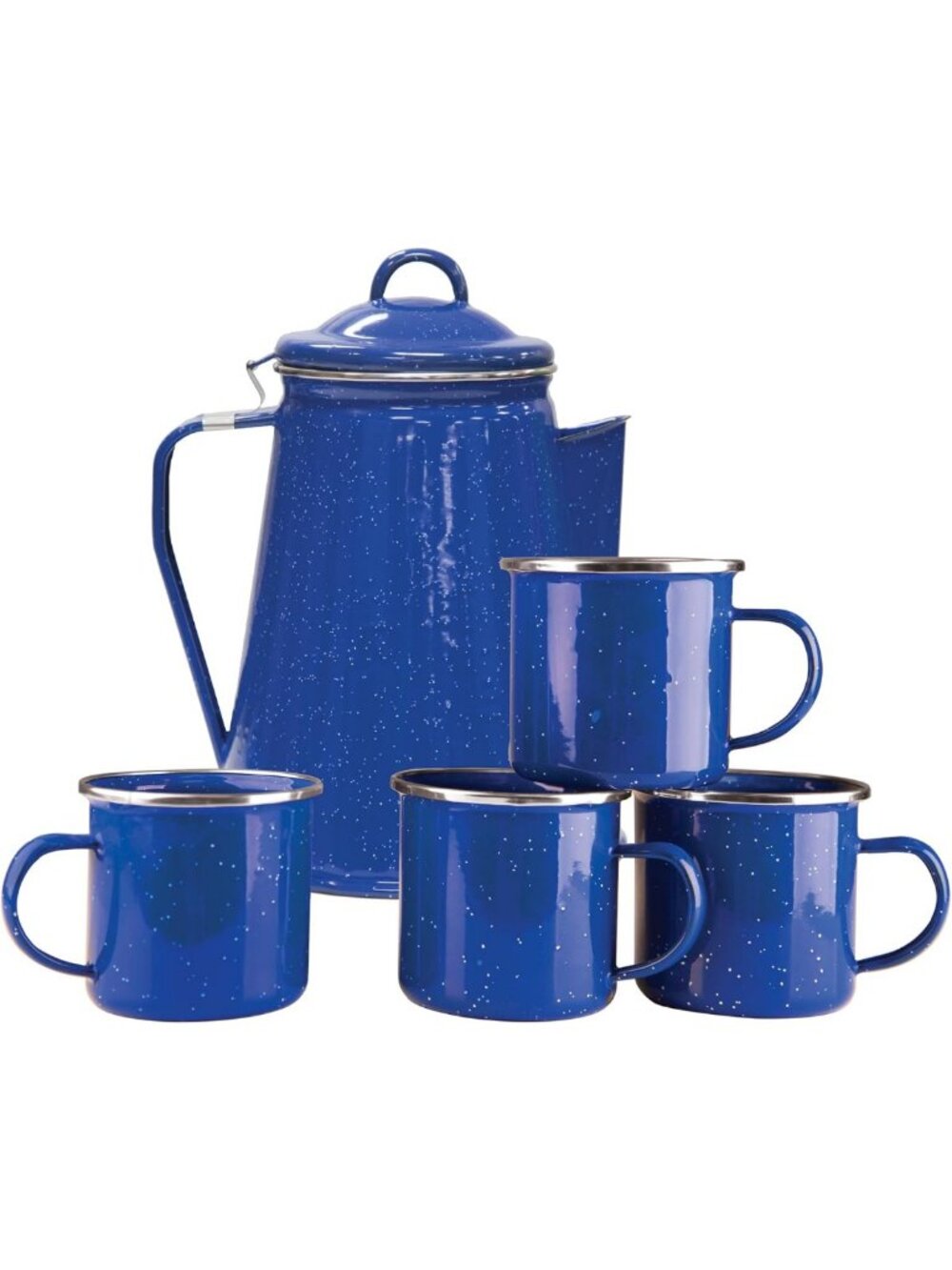 Enamel Percolator Coffee Pot & 4 Mug Set - Vintage Camping Kitchenware, Blue